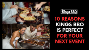 A catering event where a close-up view of a plate is shown and another picture of a couple looking at plate with the blog title.